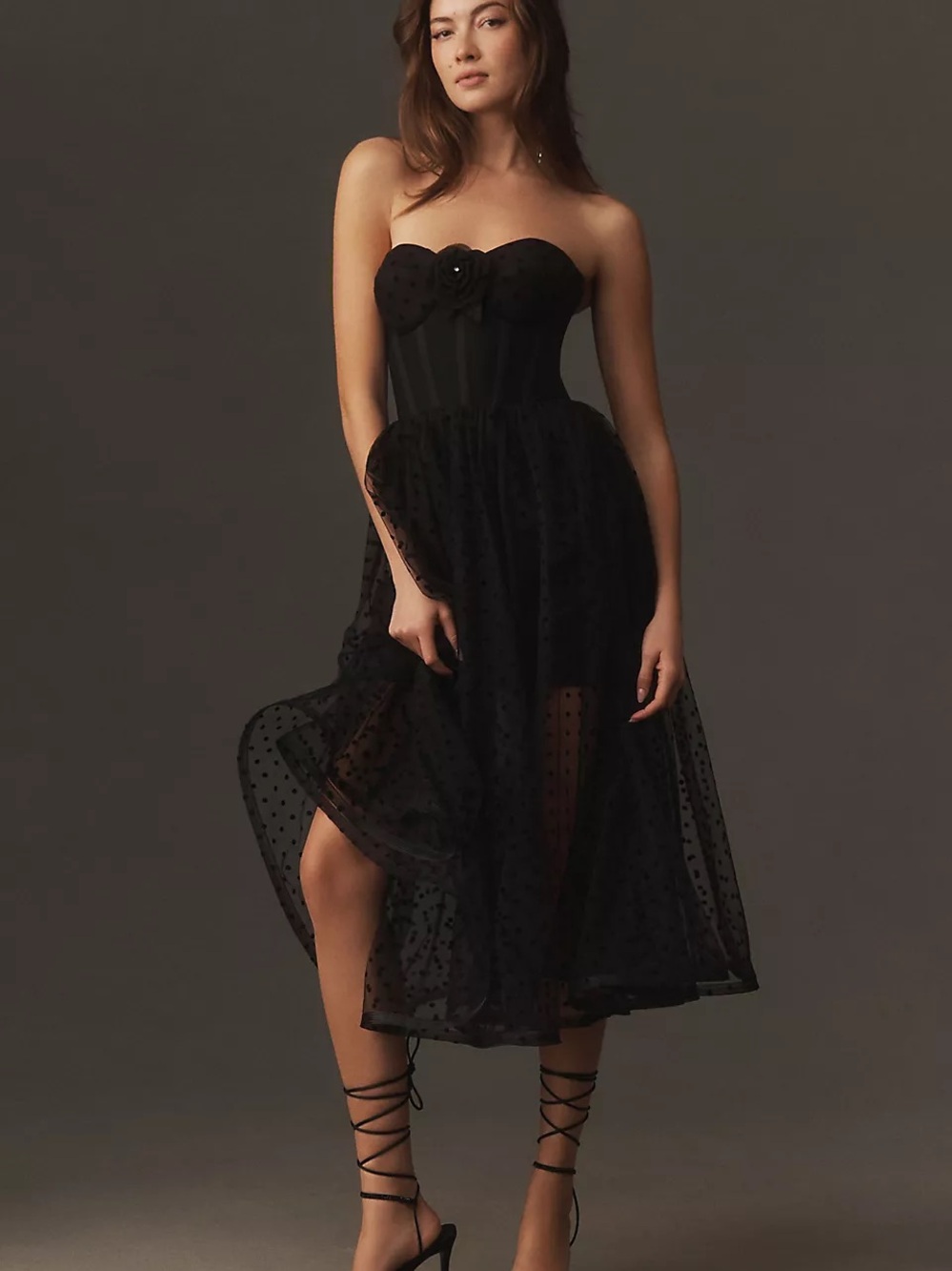 Helsi Valen Strapless Midi Dress in  Black with Polka Dot Overlay Size XS